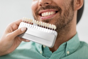 A shade guide is used to match the color of a man’s teeth